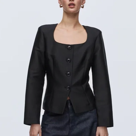 H&M NWT black satin open neck button front cardigan blazer jacket top - Picture 2 of 8